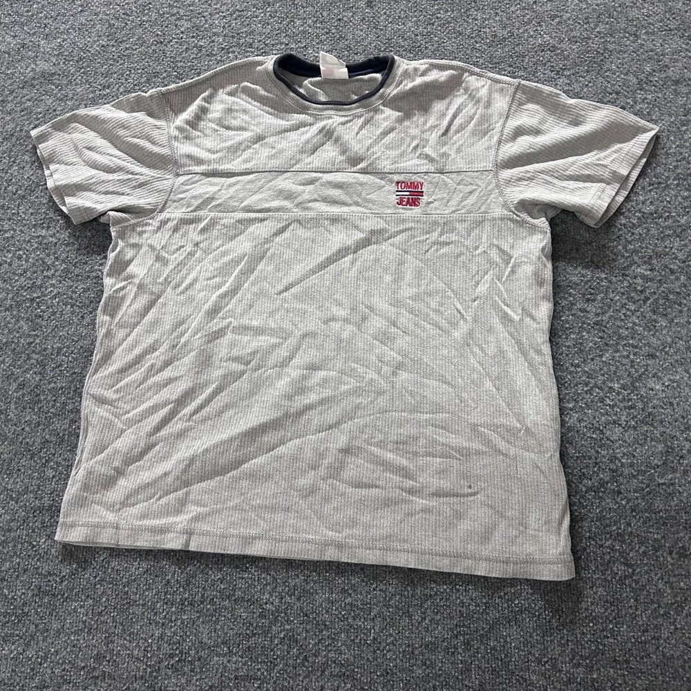 Tommy Jeans T-Shirt Mens Size M Grey Ribbed Cotton Embroidered Logo 90s Style